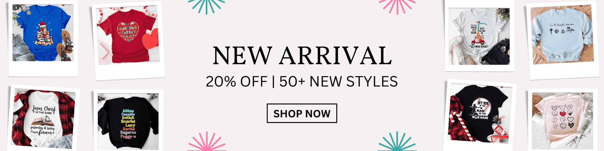 New Arrival 2027 banner: 20% off 50+ new custom graphic tees and sweatshirts at TheFirstLifestyle