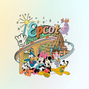 Epcot tag icon with retro Spaceship Earth, Mickey and friends and Epcot script lettering
