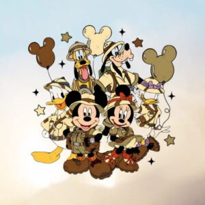 Animal Kingdom tag icon with Mickey, Minnie, Donald, Goofy and Pluto in safari outfits holding balloons