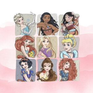 Disney Princess tag icon featuring a nine square grid of illustrated princess portraits