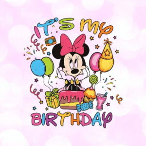 It's My Birthday tag icon with Minnie Mouse, birthday cake, balloons and confetti
