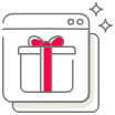 Line icon of a gift box on a browser window with sparkles, representing personalized gift design