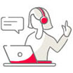 Line icon of a support agent wearing a headset at a laptop with a chat bubble