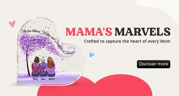 Mama's Marvels banner with a personalized heart acrylic plaque of a mother and two daughters under a purple blossom tree