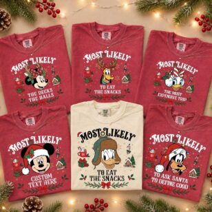 Custom Mickey and Friends Most Likely To Christmas Matching Shirts in crimson red and ivory holiday group set