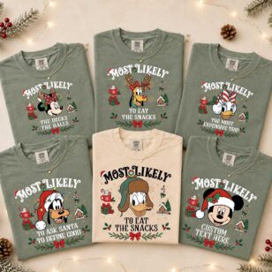 Mickey and Friends Most Likely To Christmas matching family shirts collection in vintage sage green and cream