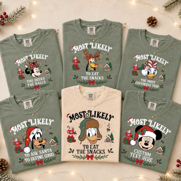 Mickey and Friends Most Likely To Christmas matching family shirts collection in vintage sage green and cream
