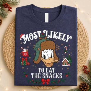 Donald Duck Most Likely To Eat The Snacks Christmas t-shirt in navy blue, cute Disney holiday matching shirt