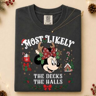 Minnie Mouse Most Likely To The Decks The Halls Christmas shirt in vintage pepper charcoal black Comfort Colors