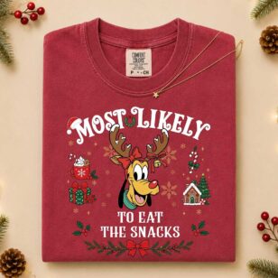Pluto reindeer Most Likely To Eat The Snacks Christmas shirt in Comfort Colors crimson red with holiday necklace