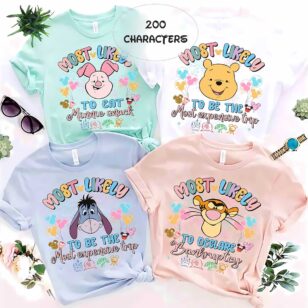 Personalized Disney Trip Most Likely To Family Vacation Tees 15 Winnie the Pooh and friends Most Likely To family vacation shirts in pastel mint, white, blue and pink