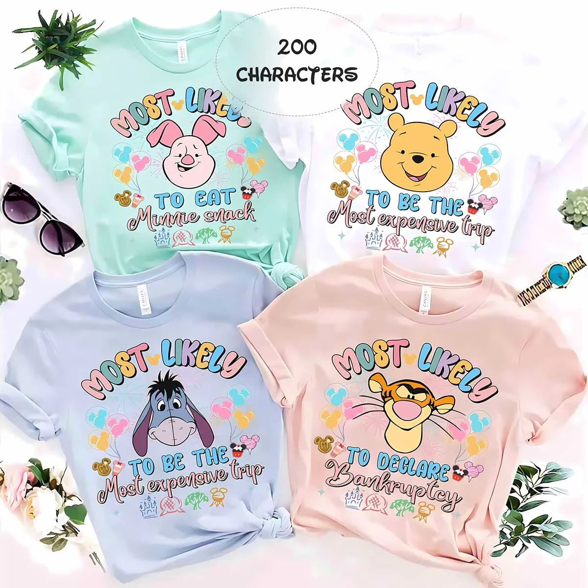 Personalized Disney Trip Most Likely To Family Vacation Tees 8 Winnie the Pooh and friends Most Likely To family vacation shirts in pastel mint, white, blue and pink