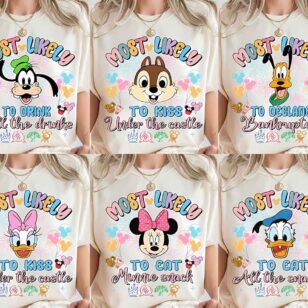 Personalized Disney Trip Most Likely To Family Vacation Tees 9 Multiple character options for Disney trip Most Likely To shirts in cream worn by female model grid