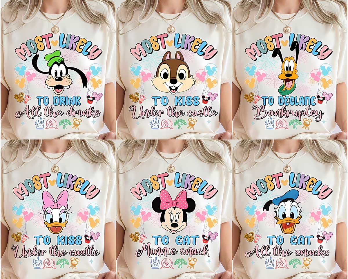 Personalized Disney Trip Most Likely To Family Vacation Tees 17 Multiple character options for Disney trip Most Likely To shirts in cream worn by female model grid