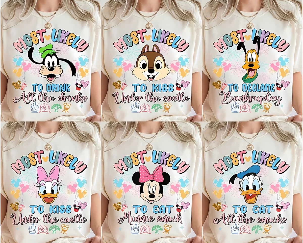 Personalized Disney Trip Most Likely To Family Vacation Tees 2 Multiple character options for Disney trip Most Likely To shirts in cream worn by female model grid
