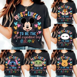 Personalized Disney Trip Most Likely To Family Vacation Tees grid in mineral wash black featuring Mickey, Grogu, Baymax, Pooh