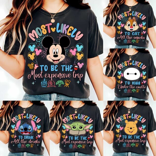 Personalized Disney Trip Most Likely To Family Vacation Tees 18 Personalized Disney Trip Most Likely To Family Vacation Tees grid in mineral wash black featuring Mickey, Grogu, Baymax, Pooh