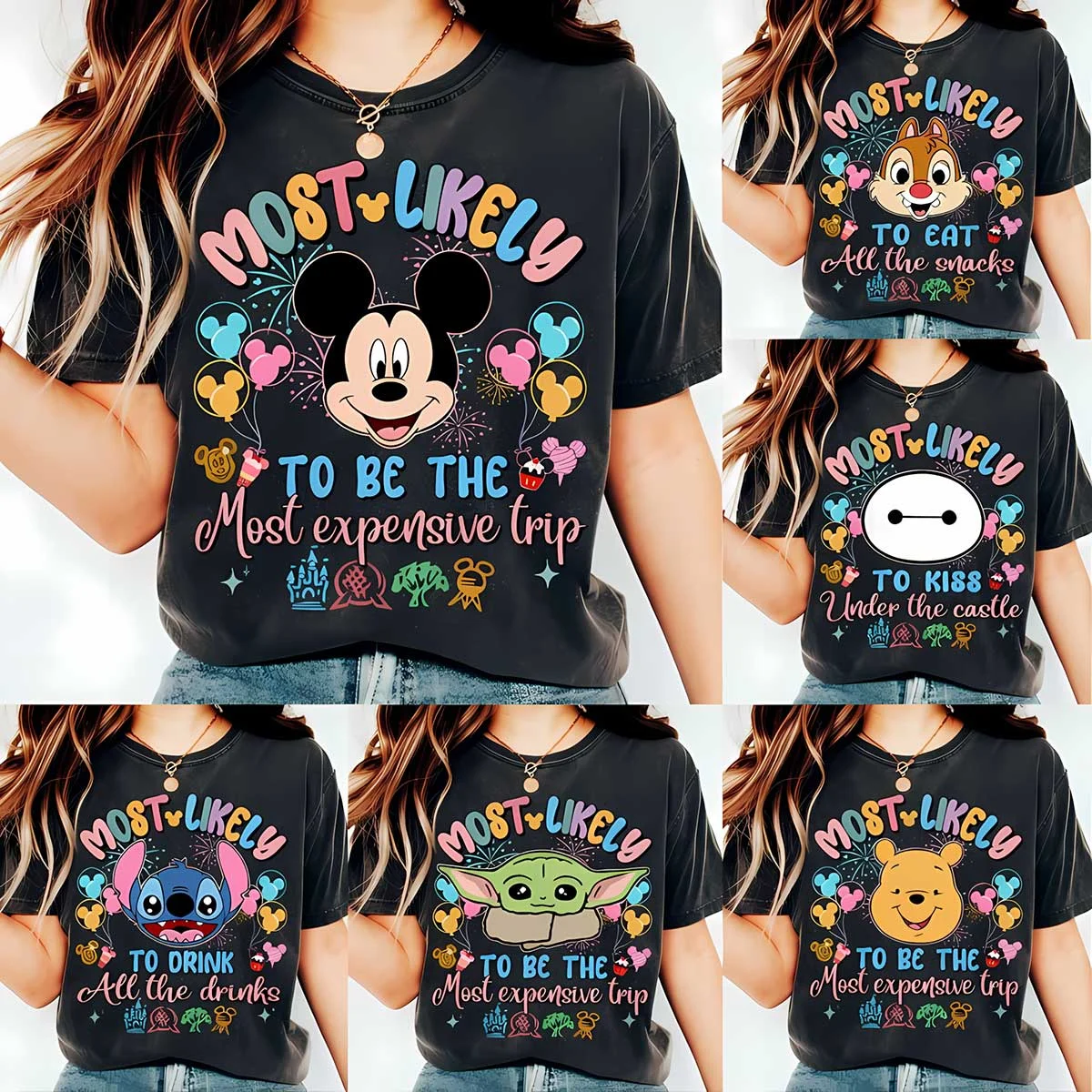 Personalized Disney Trip Most Likely To Family Vacation Tees 1 Personalized Disney Trip Most Likely To Family Vacation Tees grid in mineral wash black featuring Mickey, Grogu, Baymax, Pooh