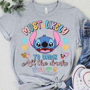 Personalized Disney Trip Most Likely To Family Vacation Tees 13 Stitch Most Likely To Drink All The Drinks Disney vacation shirt in heather grey flat lay with sneakers and jeans