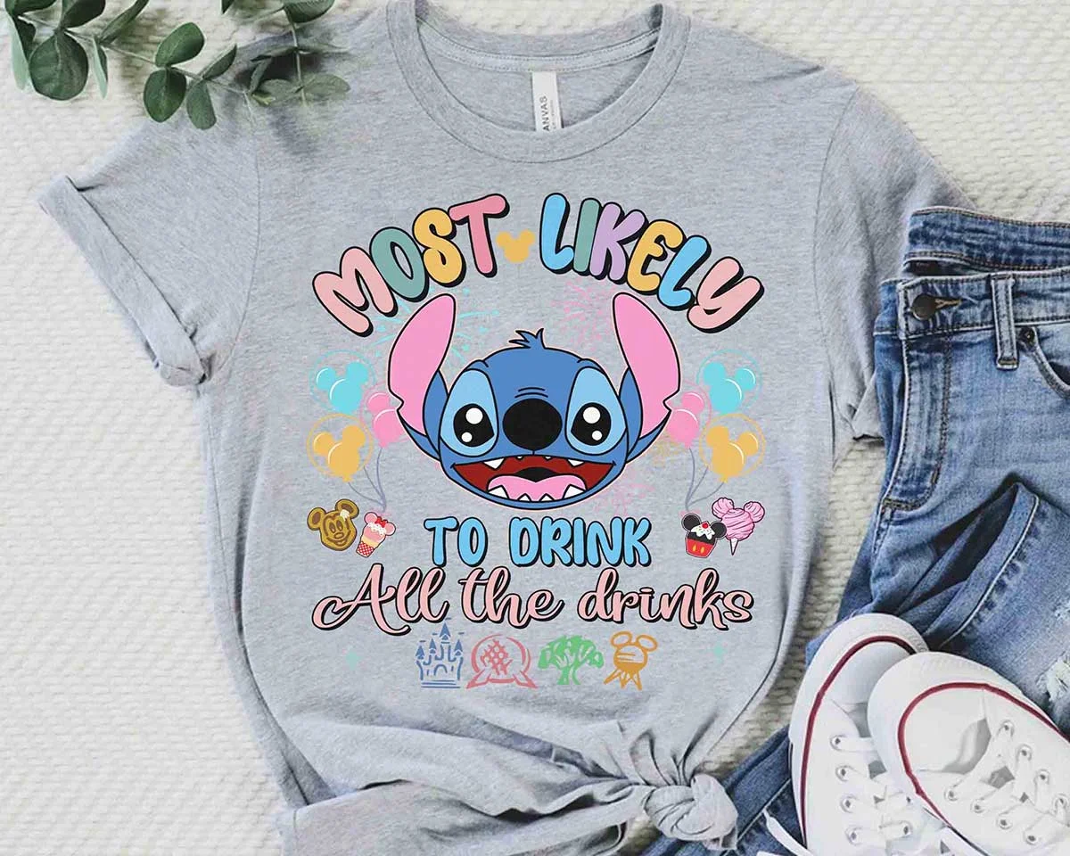 Personalized Disney Trip Most Likely To Family Vacation Tees 6 Stitch Most Likely To Drink All The Drinks Disney vacation shirt in heather grey flat lay with sneakers and jeans