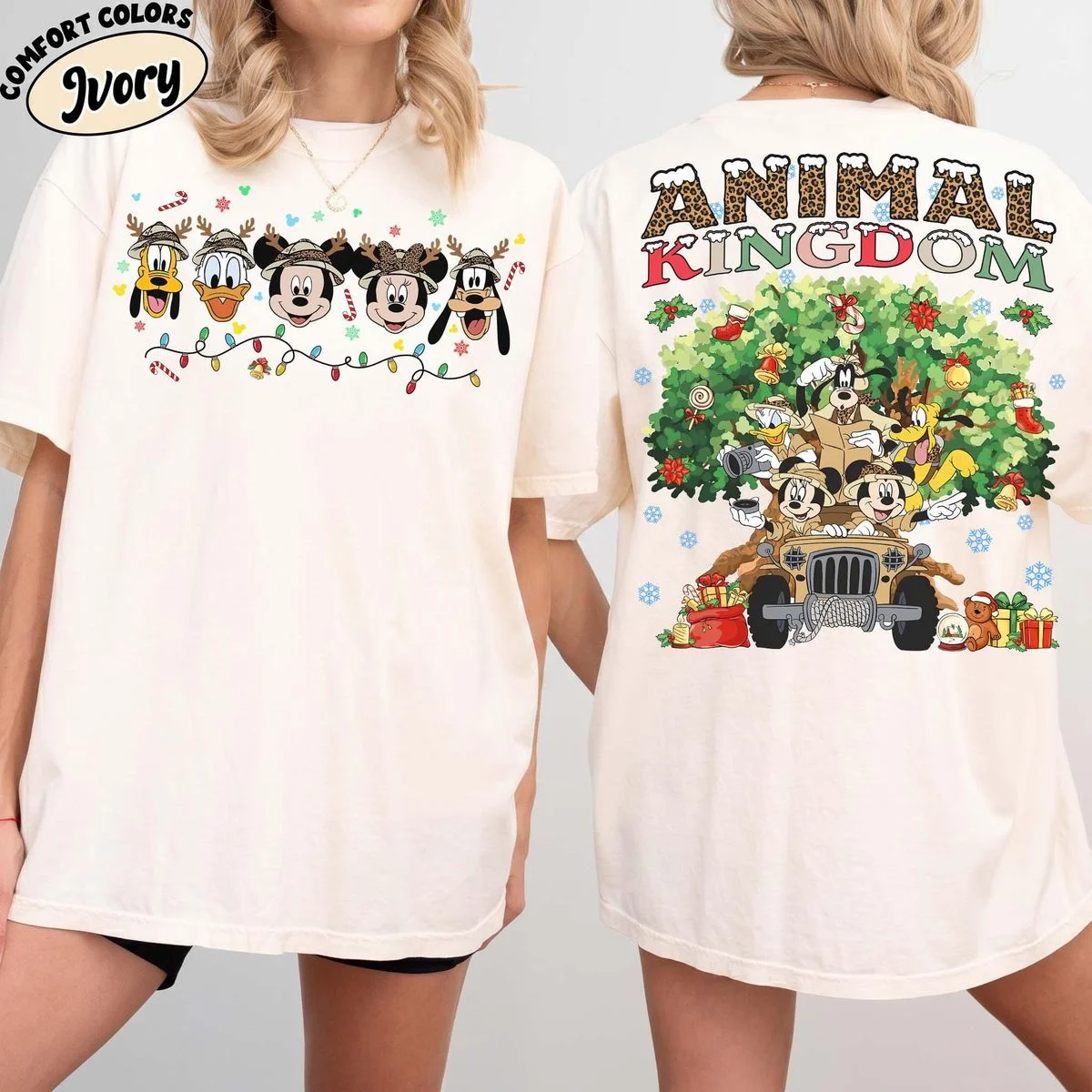 Mickey Friends Animal Kingdom Christmas Sweatshirt with Safari Jeep Art, Rocking Holiday Joy 8 mickey friends animal kingdom christmas sweatshirt in ivory tee flat lay with safari jeep art for 2027 holiday trips