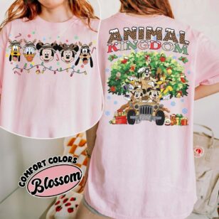 Mickey Friends Animal Kingdom Christmas Sweatshirt with Safari Jeep Art, Rocking Holiday Joy 14 mickey friends animal kingdom christmas sweatshirt in blossom pink comfort colors tee showing full back safari jeep artwork