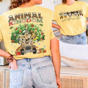 Mickey Friends Animal Kingdom Christmas Sweatshirt with Safari Jeep Art, Rocking Holiday Joy 13 mickey friends jeep holiday comfort colors butter yellow shirt showing safari squad and christmas tree back print
