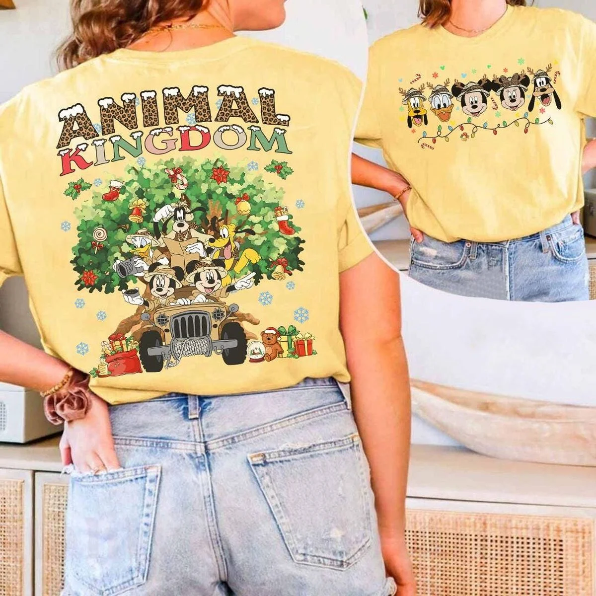 Mickey Friends Animal Kingdom Christmas Sweatshirt with Safari Jeep Art, Rocking Holiday Joy 6 mickey friends jeep holiday comfort colors butter yellow shirt showing safari squad and christmas tree back print