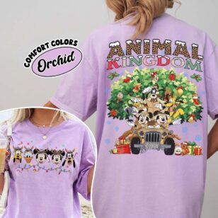 Mickey Friends Animal Kingdom Christmas Sweatshirt with Safari Jeep Art, Rocking Holiday Joy 12 mickey friends animal kingdom christmas sweatshirt in orchid lavender tee styled for disney park hopping and photo ops
