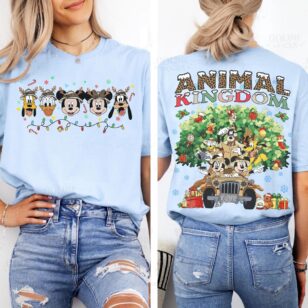 Mickey Friends Animal Kingdom Christmas Sweatshirt with Safari Jeep Art, Rocking Holiday Joy 11 safari jeep christmas shirt in chambray blue showing side by side front reindeer antler gang and back safari jeep art