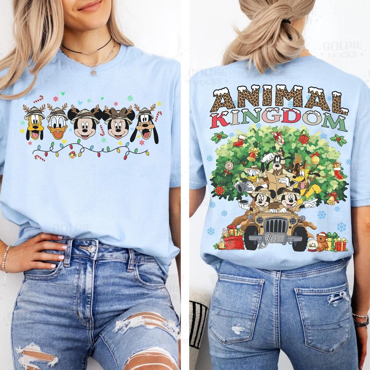 Mickey Friends Animal Kingdom Christmas Sweatshirt with Safari Jeep Art, Rocking Holiday Joy 4 safari jeep christmas shirt in chambray blue showing side by side front reindeer antler gang and back safari jeep art