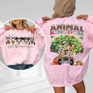 Mickey Friends Animal Kingdom Christmas Sweatshirt with Safari Jeep Art, Rocking Holiday Joy 10 mickey friends animal kingdom christmas sweatshirt in light pink fleece crewneck featuring snow leopard letters and safari jeep