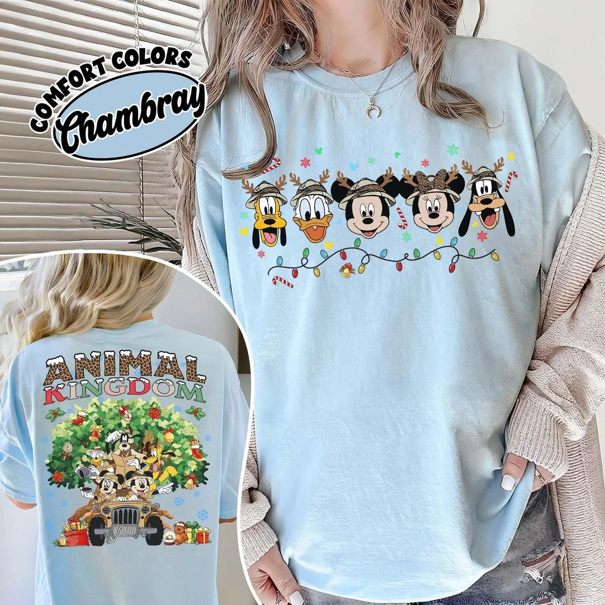 Mickey Friends Animal Kingdom Christmas Sweatshirt with Safari Jeep Art, Rocking Holiday Joy 2 animal kingdom christmas sweatshirt in chambray styled with cozy knit cardigan for chill evening rope drop at animal kingdom