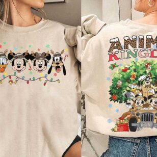 mickey friends animal kingdom christmas sweatshirt in sand heavyweight fleece pullover showing front and back holiday graphics