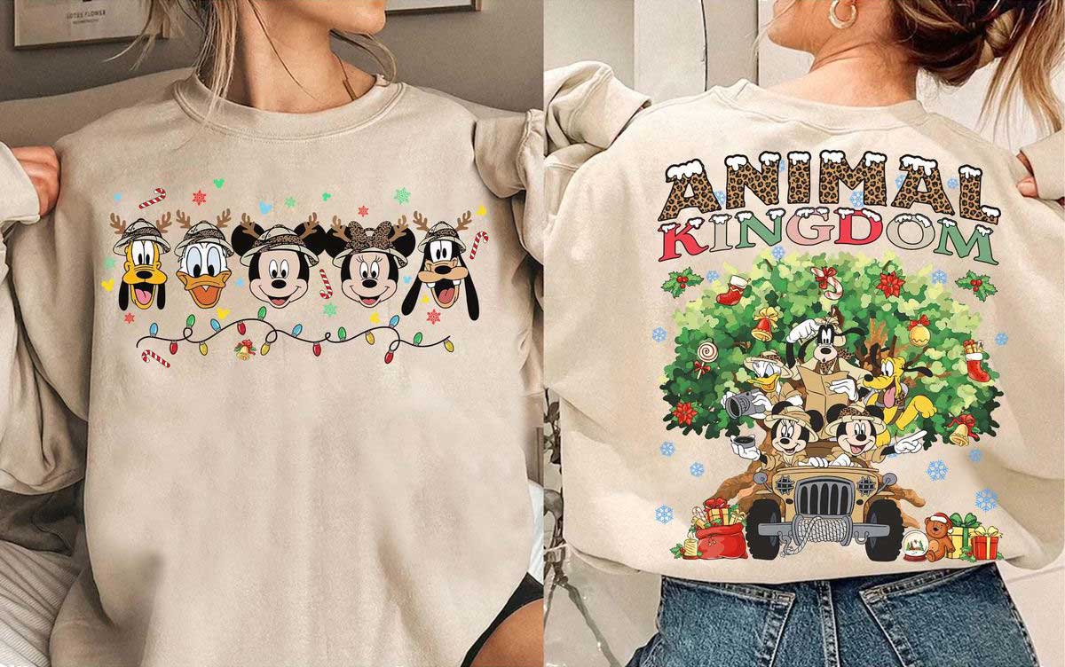 Mickey Friends Animal Kingdom Christmas Sweatshirt with Safari Jeep Art, Rocking Holiday Joy 18 mickey friends animal kingdom christmas sweatshirt in sand heavyweight fleece pullover showing front and back holiday graphics