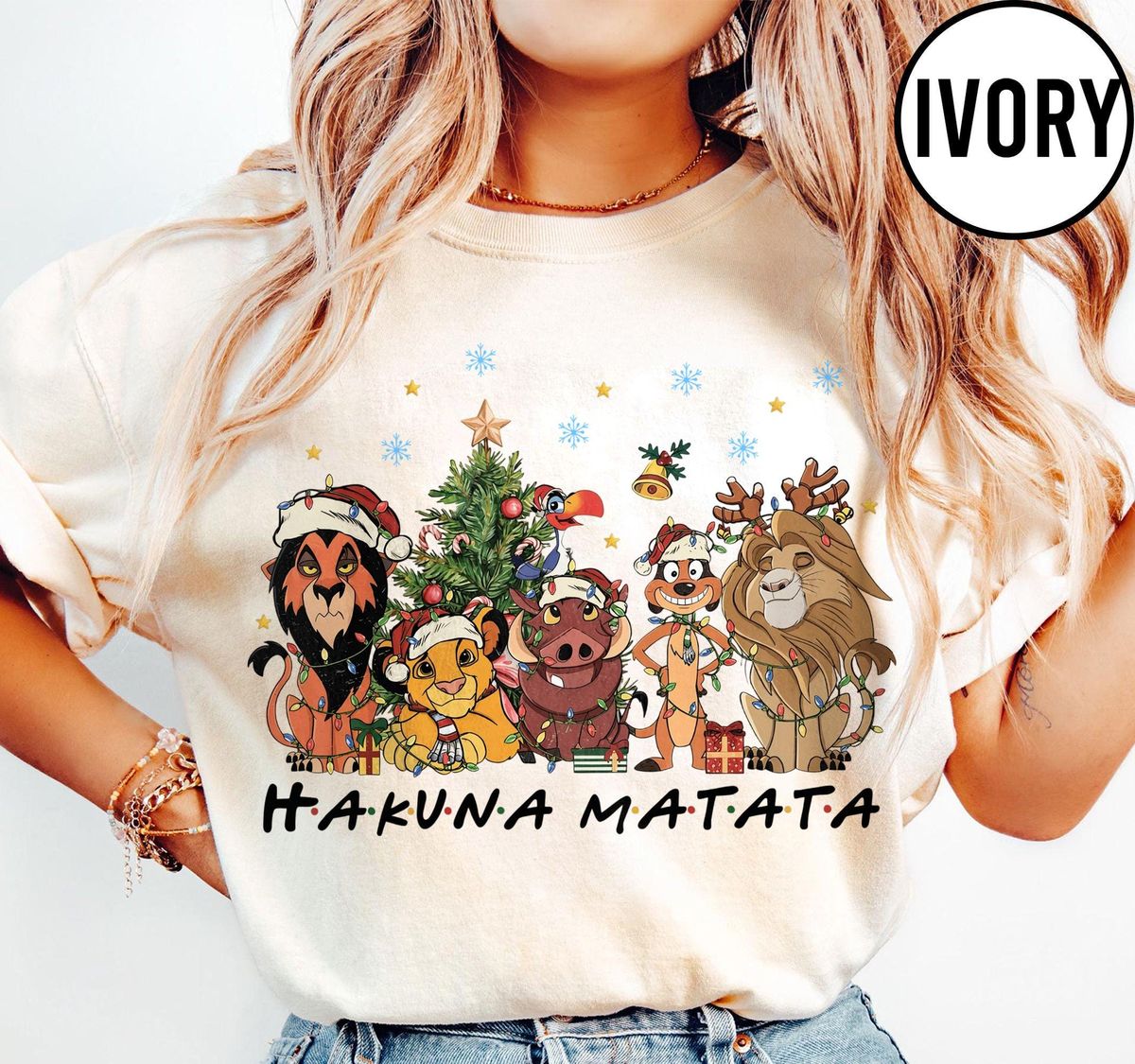 comfort colors lion king christmas shirt in blue jean styled as oversized holiday tee with simba holiday lights graphic for animal kingdom