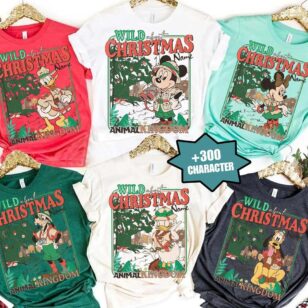 Character personalization chart for custom animal kingdom christmas shirt featuring Mickey Minnie Donald Daisy Goofy and Pluto in holiday safari hats