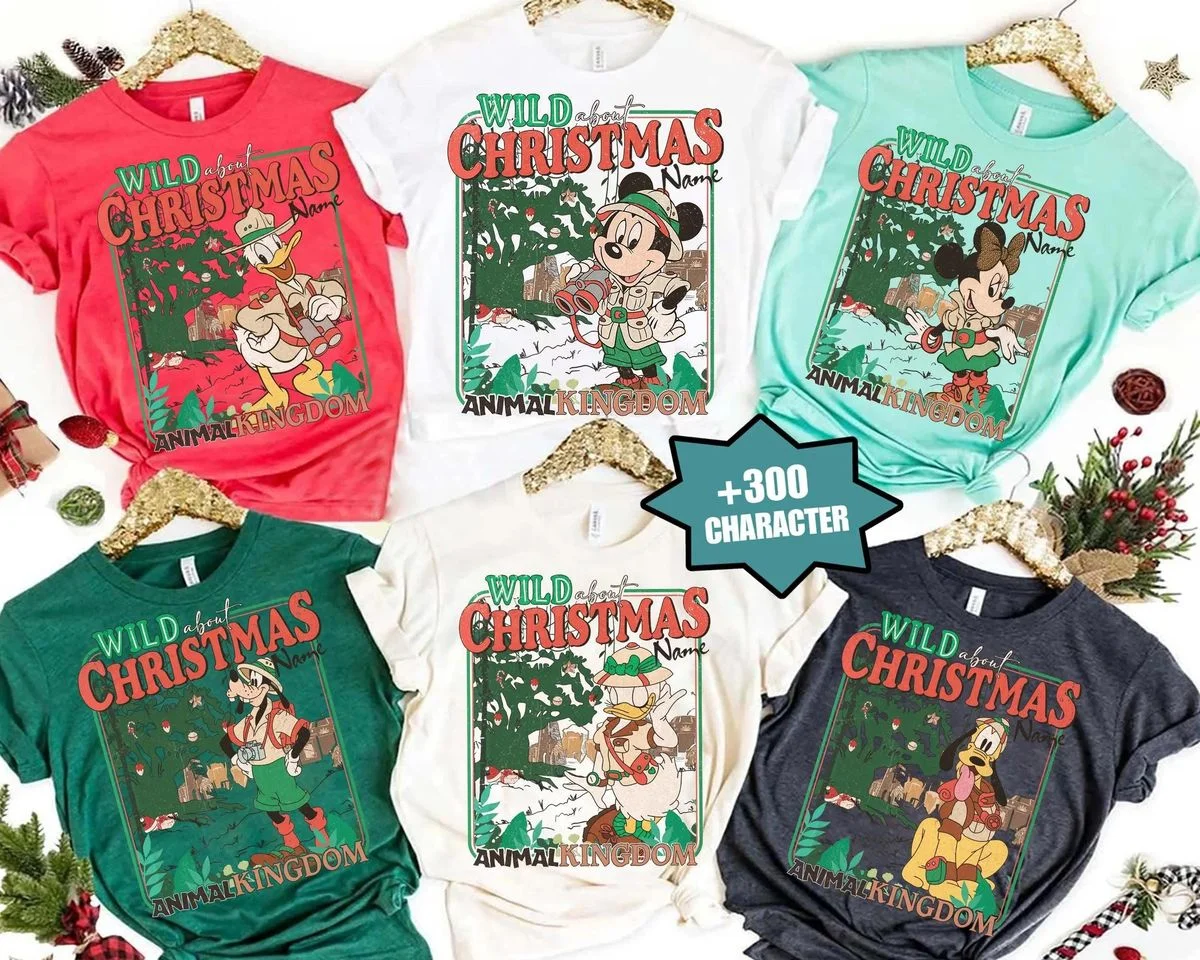 Custom Animal Kingdom Christmas Shirt With Your Family Name, Festive Disney Trips 1 Character personalization chart for custom animal kingdom christmas shirt featuring Mickey Minnie Donald Daisy Goofy and Pluto in holiday safari hats