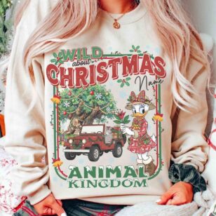 Custom safari jeep christmas sweatshirt graphic art showing red safari vehicle with holiday tree and Disney characters in front of Tree of Life