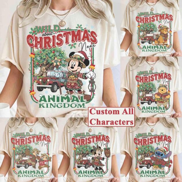 Character roster chart for custom safari jeep christmas shirt featuring classic Mickey Minnie Donald and Goofy in Santa hats