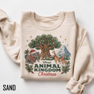 Vintage animal kingdom christmas sweatshirt in sand color featuring watercolor storybook elephant and Tree of Life