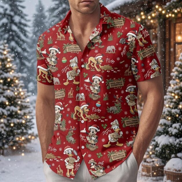 cranberry red disney safari camp collar shirt with safari Mickey and Donald holiday artwork