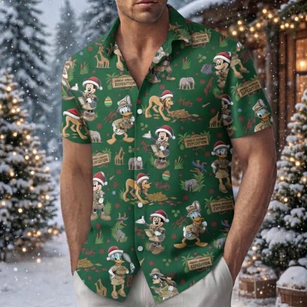 forest green mens disney safari christmas button down shirt with camp collar