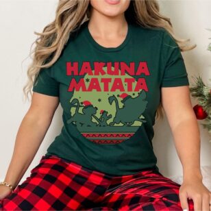 Lion King Hakuna Matata Christmas Sweatshirt with Nordic Art 8 Woman wearing dark forest green short-sleeve t-shirt with Santa Simba Timon and Pumbaa silhouette design