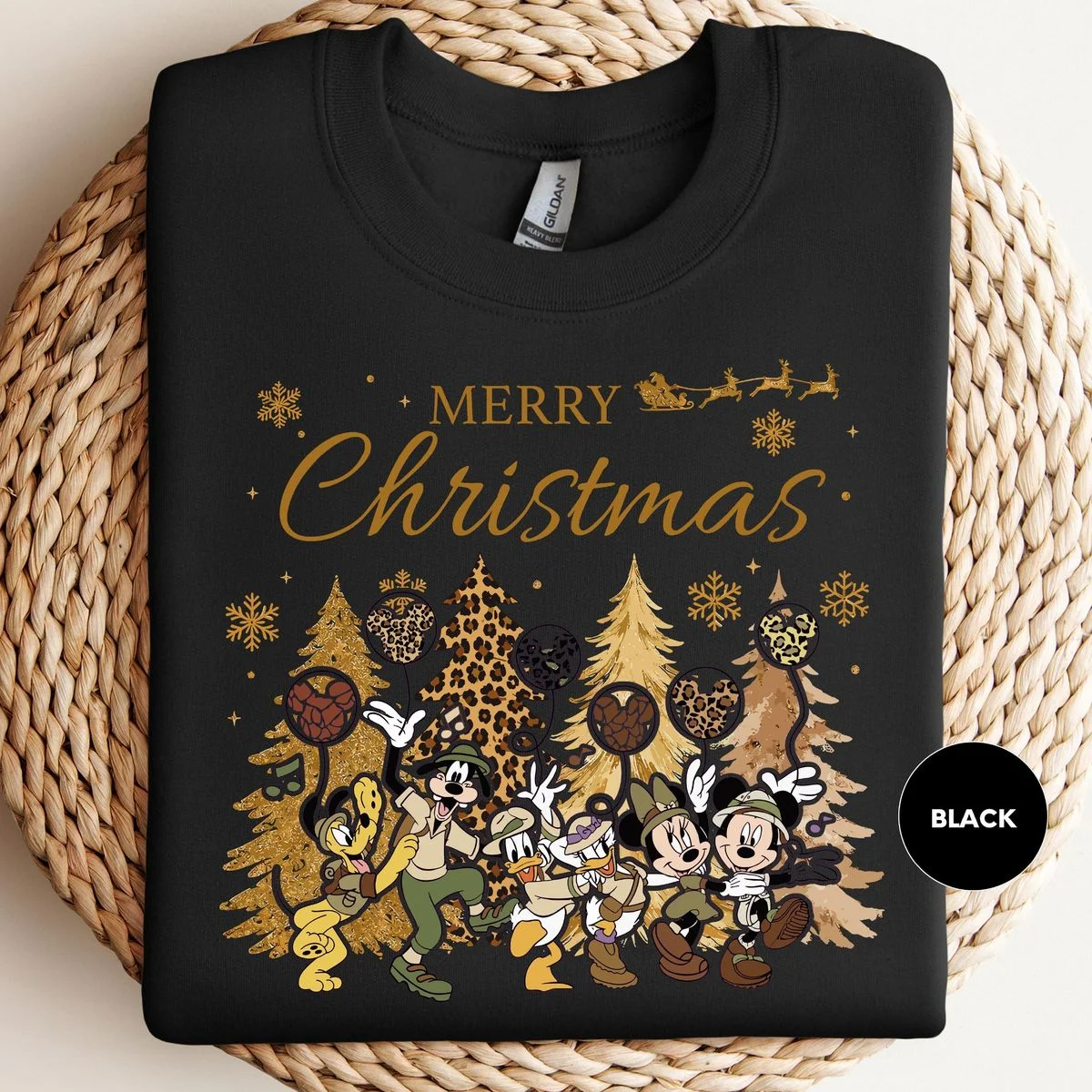 Mickey and Friends Leopard Animal Kingdom Christmas Sweatshirt 5 mickey and friends leopard animal kingdom christmas sweatshirt in black flat lay for night shows