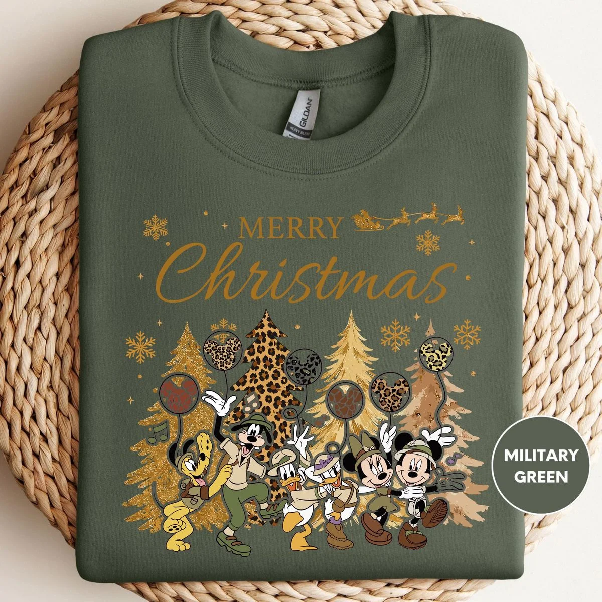 Mickey and Friends Leopard Animal Kingdom Christmas Sweatshirt 4 safari mode holiday hoodie in black worn by female model with Mickey leopard Christmas graphic