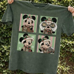 Retro Minnie Leopard Safari Christmas Shirt, Customizable Character Safari Holiday Tee 8 4 photo panels disney tee in forest green with Mickey Mouse safari binoculars Christmas art