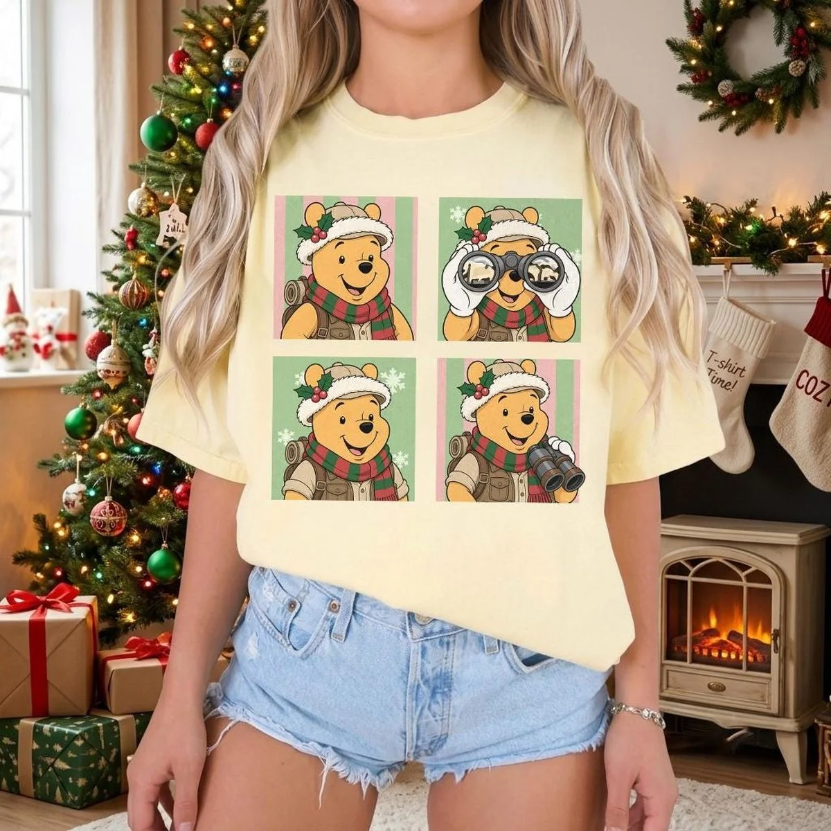 Retro Minnie Leopard Safari Christmas Shirt, Customizable Character Safari Holiday Tee 2 animal kingdom squad shirt in butter yellow with Winnie the Pooh 4 panel Christmas safari art