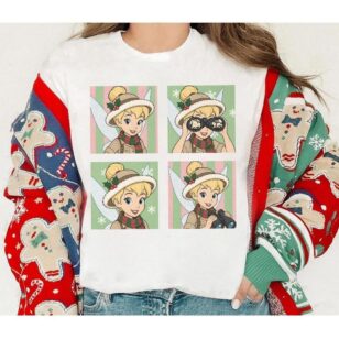 Retro Minnie Leopard Safari Christmas Shirt, Customizable Character Safari Holiday Tee 11 Tinker Bell 4 panel safari Christmas white t-shirt layered under festive gingerbread cardigan
