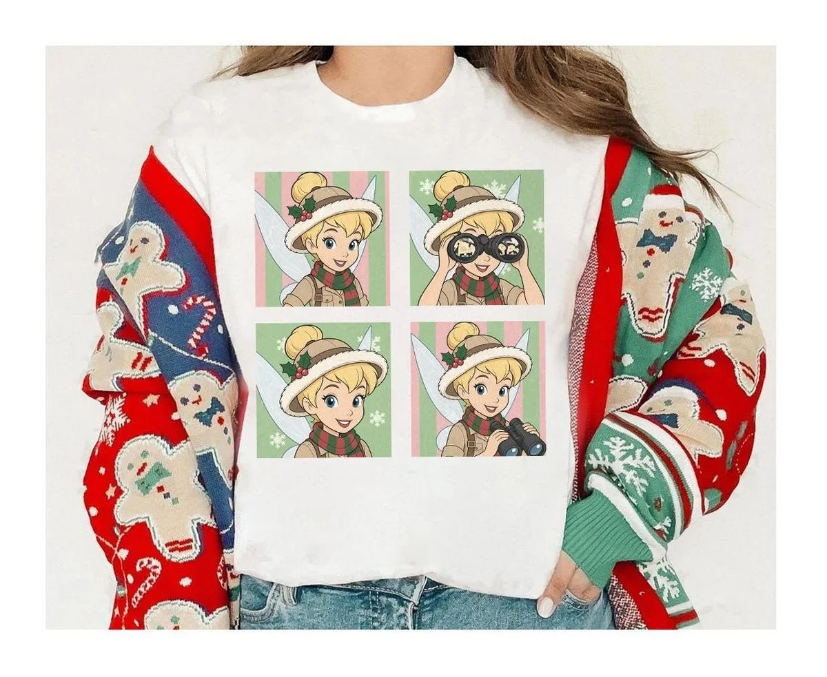 Retro Minnie Leopard Safari Christmas Shirt, Customizable Character Safari Holiday Tee 6 Tinker Bell 4 panel safari Christmas white t-shirt layered under festive gingerbread cardigan